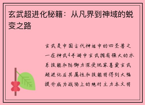 玄武超进化秘籍：从凡界到神域的蜕变之路