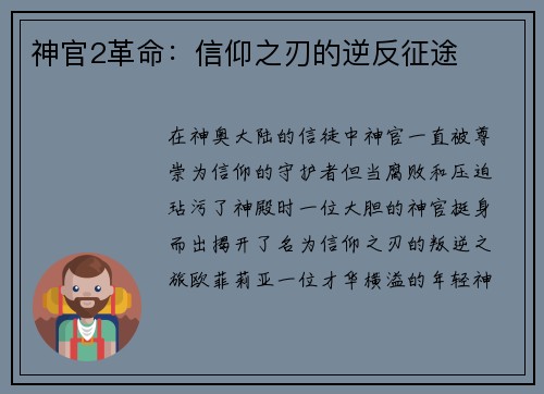 神官2革命：信仰之刃的逆反征途